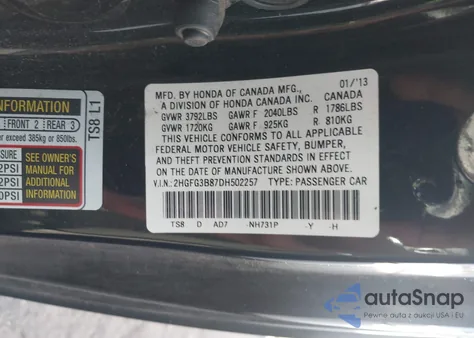 2013 Honda Civic Ex from USA, damaged, VIN 2HGFG3B87DH502257